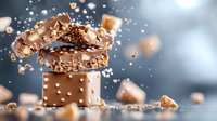 Broken chocolate candy bar with nuts and caramel in dynamic composition with flying pieces and particles on dark background. Food photography for advertising.