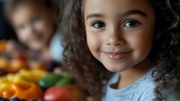 Cheerful mixed race girl with curly hair smiling at camera while standing near colorful fresh vegetables and fruits in kitchen. Healthy eating and family lifestyle concept.