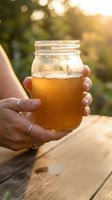 Hand holding jar of golden honey against blurred garden background with warm sunlight, suitable for food, agriculture, and wellness product marketing.