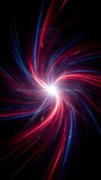 Glowing spiral vortex with red and blue neon light rays radiating from bright center on black background. Use for technology, energy, motion graphics, sci-fi designs.
