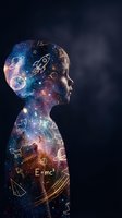 Child silhouette filled with cosmic galaxy and science symbols representing imagination, learning and discovery in STEM education concept.
