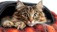 Adorable tabby kitten with striking golden eyes peeking out from cozy red plaid blanket, perfect for pet care campaigns and comfort-themed designs.