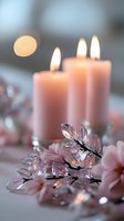 Glowing pink candles with crystal flower decorations create soft romantic atmosphere. Delicate glass blossoms and gentle candlelight capture serene mood for weddings.