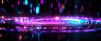 Glowing neon spiral ripples on dark reflective surface with vibrant pink and blue lights creating futuristic cosmic atmosphere for technology and space concepts.