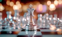 Glass chess queen piece on board with blurred bokeh lights background, strategic game concept highlighting power and leadership in business and competition.