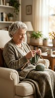 Senior Caucasian woman with curly gray hair knitting green yarn in cozy living room chair, enjoying peaceful retirement hobby at home.