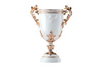 Elegant white porcelain trophy vase with rose gold ornate handles and floral decorative elements on marble base, classical European style decorative piece for luxury interiors.