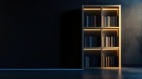 Minimalist wooden bookshelf with books against dark wall illuminated by dramatic lighting, creating moody atmosphere for interior design and home library concept.