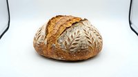 Artisan sourdough loaf with scored leaf pattern and golden-brown crust on white background, suitable for bakery, food, and culinary content.