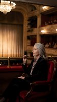 Elegant mature Caucasian woman in black suit enjoying wine at luxurious opera house theater with ornate architecture and crystal chandeliers.