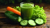 Fresh green vegetable juice in glass with cucumber slices, carrot and leafy greens on rustic wooden table for healthy lifestyle and detox diet.