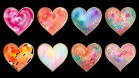 Watercolor heart collection with gold borders, isolated on transparent background. Eight colorful hearts with floral and ornate details, ready for stickers, cards, and t-shirt design.