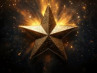 Golden star with textured metallic surface against dark background with radiant light beams and sparkles creating festive holiday atmosphere.