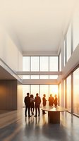 Business professionals silhouettes meeting in modern office lobby with floor-to-ceiling windows and warm sunlight streaming through glass walls.