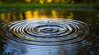 Concentric water ripples creating circular pattern on calm lake surface with golden sunset reflections and falling water drop causing peaceful waves.