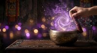 Mystical singing bowl with purple energy swirls and magical sparkles on wooden table. Spiritual meditation and sound healing concept with glowing effects.