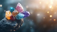 Colorful healing crystals and gemstones on dark stone with magical glowing bokeh lights in background, spiritual wellness and alternative medicine concept.