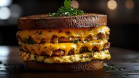 Gourmet grilled cheese sandwich with multiple layers of melted cheddar between dark rye bread slices, garnished with fresh herbs against blurred bokeh background.