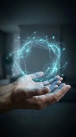 Male hand holding glowing digital globe with interconnected network lines and particles, representing global connectivity, technology innovation, and data exchange for business and communication concepts.