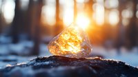 Glowing amber crystal on snowy ground illuminated by warm sunset light through winter forest, creating magical atmospheric nature scene with bokeh effect.