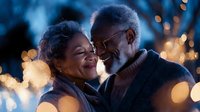 Senior African American couple sharing romantic moment outdoors at dusk with glowing bokeh lights creating magical atmosphere. Elderly love and happiness concept.