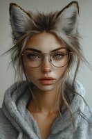 Young woman with cat ears wearing glasses and gray hoodie in artistic portrait. Natural makeup, freckles and intense gaze create dreamy cosplay atmosphere.