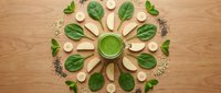 Fresh green smoothie surrounded by spinach leaves and banana slices arranged in decorative circular pattern on wooden background for healthy lifestyle content.