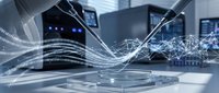 Futuristic laboratory with robotic arms and holographic data streams showcasing advanced automation and artificial intelligence technology in modern research facility.
