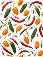 Assorted fresh chili peppers and bell peppers in red, green, and orange scattered on white background, isolated for culinary design projects.