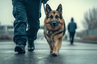 German Shepherd dog walking with owner on wet street during rainy day, person silhouette in background, moody atmospheric urban scene with loyal pet.