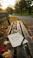 Handwritten apology note on a wooden park bench surrounded by fallen autumn leaves at golden sunset, evoking regret and emotion.