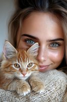 Young Caucasian woman with blue eyes holding ginger cat close to face. Both looking at camera with similar expressions. Soft natural lighting creates intimate portrait.