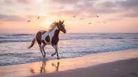 Majestic pinto horse galloping along ocean beach at sunset with dramatic pink purple sky and flying birds creating magical equestrian scene for nature lovers.