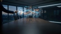 Businessman in formal attire interacts with glowing DNA helix hologram in modern office space with city skyline view, representing biotechnology innovation and scientific research.