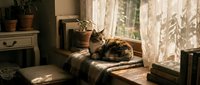 Tabby cat resting on bed near window with sunlight streaming through lace curtains in cozy bedroom interior with vintage furniture and potted plant.