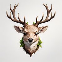 Artistic deer head portrait with large antlers and green foliage wreath, gentle expression on light background, isolated design element for nature themes.