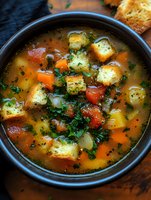 Hearty vegetable soup with herbs and croutons in rustic bowl, comfort food for cold weather dining and healthy eating lifestyle.