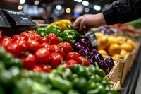 Fresh organic vegetables at farmers market with shopper selecting colorful bell peppers and tomatoes for healthy cooking and nutrition.