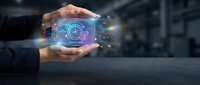Hand holding glowing holographic clock interface with digital time display and tech particles, representing future technology, time management, and business innovation solutions.