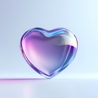 Translucent glass heart with purple and blue iridescent glow floating on light surface, romantic minimal design for valentines and love concepts.