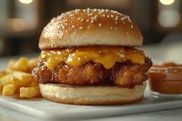 Crispy chicken burger with melted cheddar cheese and sesame seed bun served on white plate with golden french fries and dipping sauce, close up view.