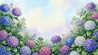 Colorful hydrangea flowers frame with blue, purple, pink and white blooms creating natural border on soft pastel background for spring garden design.