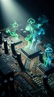 Futuristic circuit board with glowing holographic cloud computing icons and data streams representing digital transformation and smart technology innovation.