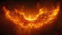 Majestic flaming wings spread against dark background with glowing embers and sparks, mystical fire bird rising from flames in dramatic orange and yellow light effects.