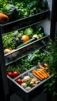 Fresh vegetables and produce neatly organized in refrigerator drawers with dramatic lighting, including carrots, tomatoes, mushrooms, cucumbers and leafy greens.