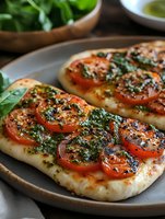 Focaccia flatbread topped with ripe tomato slices, fresh herbs, and olive oil, served on a gray plate with fresh greens in background. Perfect for bakery, restaurant, and food styling projects.