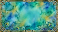 Ornate golden frame with peacock feathers surrounding vibrant blue-green watercolor background for luxury invitations and decorative designs.