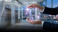 Business professional hands protecting glowing digital sphere with strategy innovation leadership change text in modern office environment.