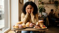 Young African American woman feeling overwhelmed by tempting donuts and pastries on table, struggling with diet choices in cozy cafe setting.