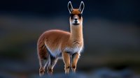 Majestic brown llama standing alert against dark moody background, soft fur illuminated by natural light, showing distinctive long neck and pointed ears.